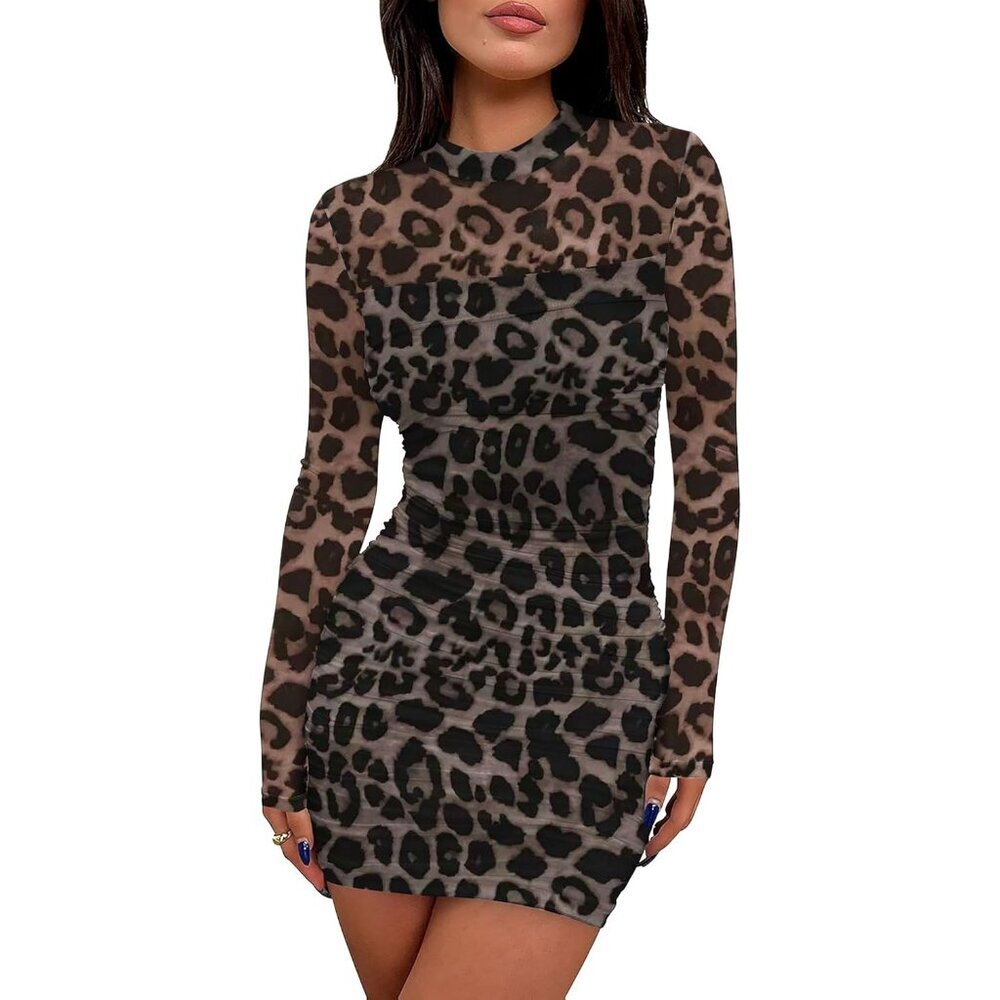 Women's Leopard Print Mini Dress Sexy Mock Neck Cocktail Party Club Spring